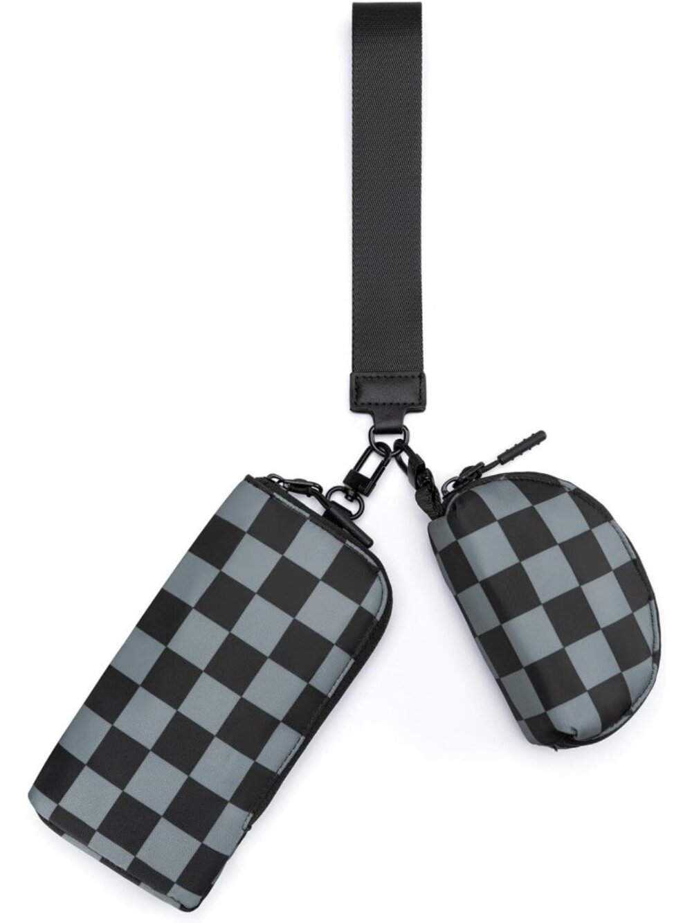 Checkered Dual Pouch Wristlet Wallet for Women - Fits Phone, Travel Zip Wallet
